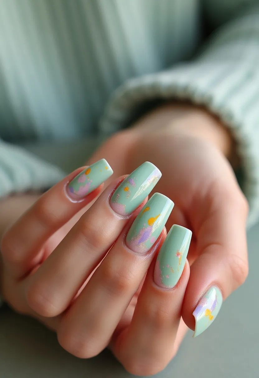 This nail design showcases a striking combination of pastel and bold colors on a set of long, square-shaped nails. The primary base color is a soft mint green, overlaid with intricate and playful splashes of yellow, lavender, and light pink, creating a watercolor-like effect. This nail art appears to utilize a gel treatment, giving the nails a smooth and glossy finish. The delicate splashes and artistic patterns evoke a whimsical, spring-themed aesthetic, suitable for the season's fresh and vibrant moods. The design’s unique details, such as the soft pastel hues blended with more vibrant accents, make it a standout choice for someone looking to celebrate the blossoming nature of spring or to make a stylish statement at a special occasion.