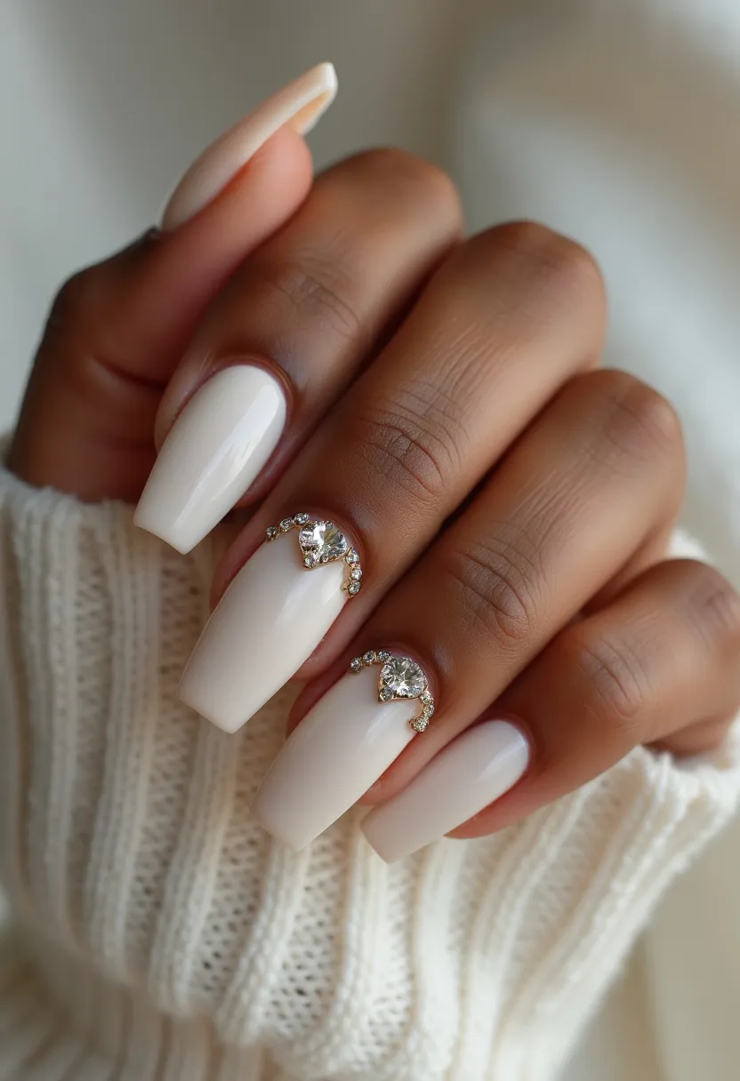 The nail design features a sophisticated and elegant aesthetic with a soft ivory color palette. The nails are shaped in a long, square style, creating a chic and modern look. To enhance the design, there are intricate embellishments on the ring and middle fingers. These nails are adorned with sparkling rhinestones and gemstones arranged in a C-shaped curve, framing a larger central gem, adding an opulent touch. The clean and glossy finish suggests a gel or acrylic treatment, ensuring a durable and polished appearance. This nail design is well-suited for special occasions due to its luxurious and meticulously detailed decorations.