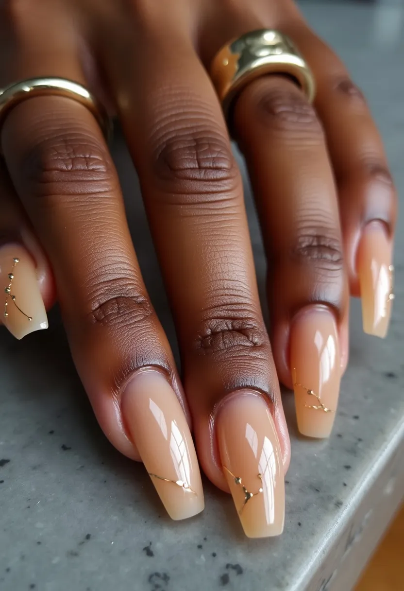 The nail design features a nude color palette, showcasing nails that are painted in a soft beige shade with a glossy finish, indicating the use of gel polish. The nails are shaped in a long, square form, contributing to an elegant and sophisticated appearance. Each nail is adorned with a subtle and intricate gold accent line, crossing diagonally and punctuated with tiny gold dots that add a touch of luxury and refinement to the overall look. The simplicity and elegance of the design can cater to both everyday wear and special occasions, highlighting a minimalist yet classy aesthetic suitable for any season.