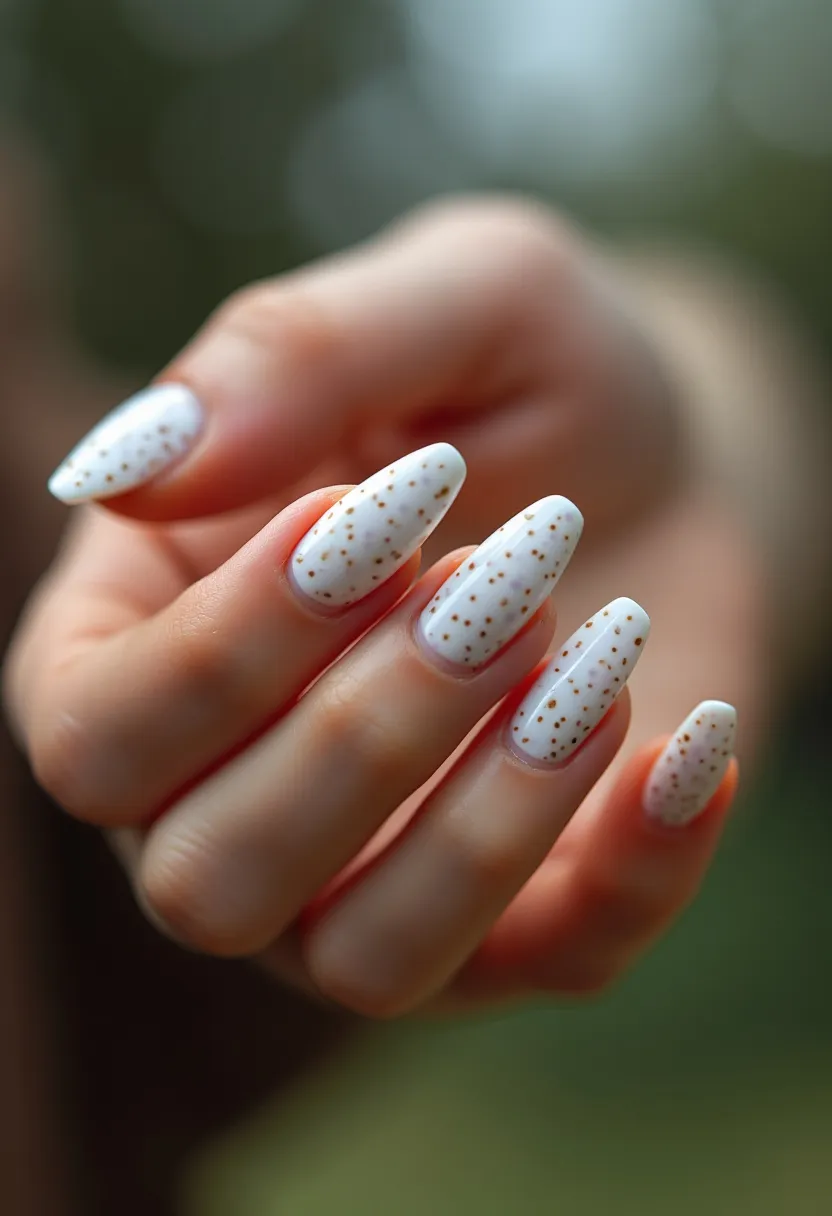 The nail design features medium-length almond-shaped nails treated with a glossy white base, which appears to utilize a gel treatment for a shiny and smooth finish. Intricate golden speckles are evenly distributed across the surface of each nail, adding a festive and elegant touch. The combination of white and gold creates a luxurious and refined aesthetic, suitable for special occasions like weddings or holiday celebrations. The simplicity of the design, paired with the sophisticated color palette, makes it a timeless choice that can be both chic and versatile for various events.