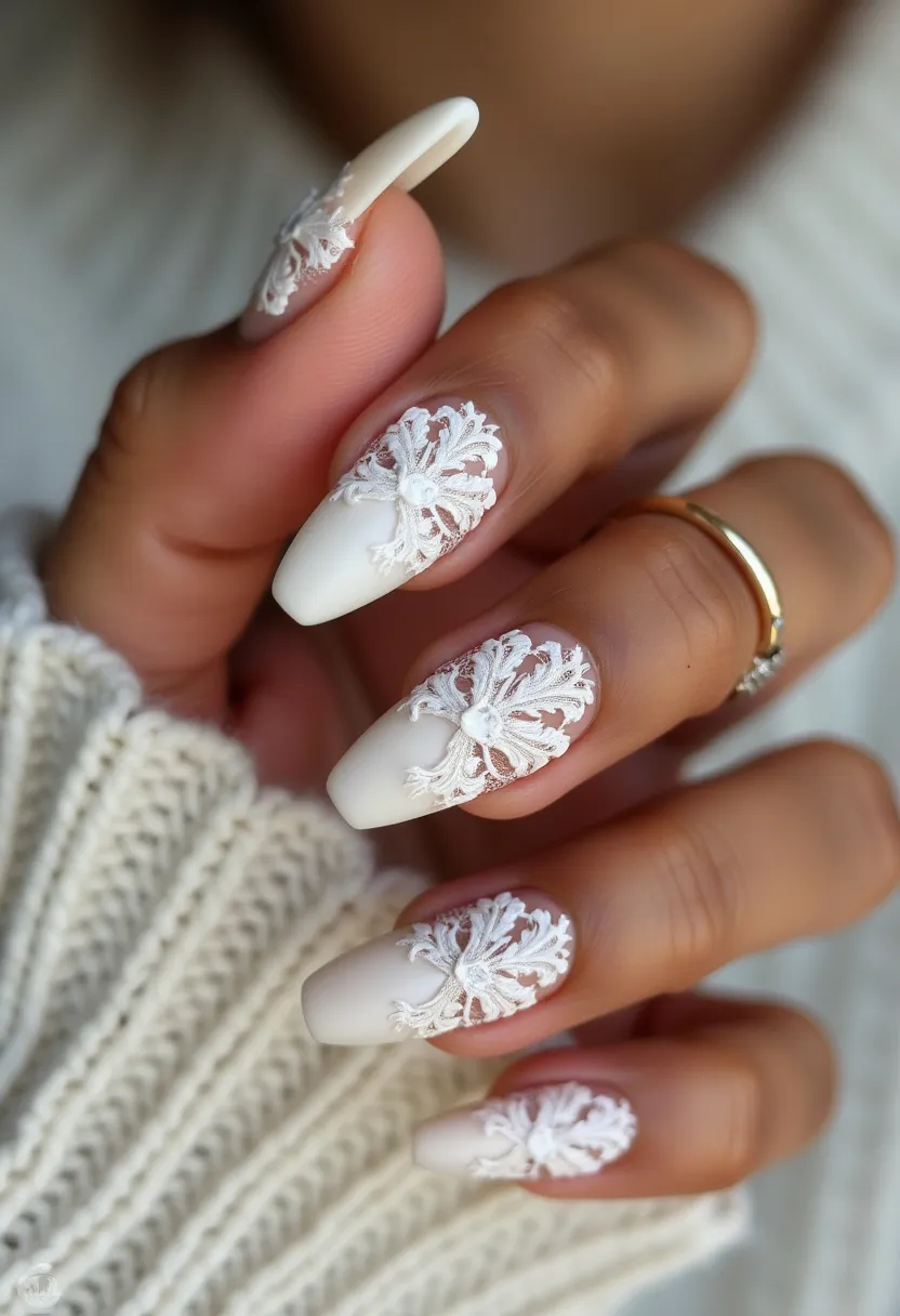 The nail design features a soft, almond-shaped form, adorned with a classic ivory color palette. The nails exhibit a matte finish, suggesting a possible use of gel or acrylic treatment for a smooth and refined look. Each nail is embellished with intricate, three-dimensional lace patterns in white, creating a delicate and elegant overlay that adds texture and sophistication. The detailed lacework intricately mimics floral and leaf motifs, accented with small pearl-like beads at the center, enhancing the overall luxurious feel. The design exudes a bridal or special occasion theme, perfect for weddings or formal events, capturing a timeless and romantic aesthetic.