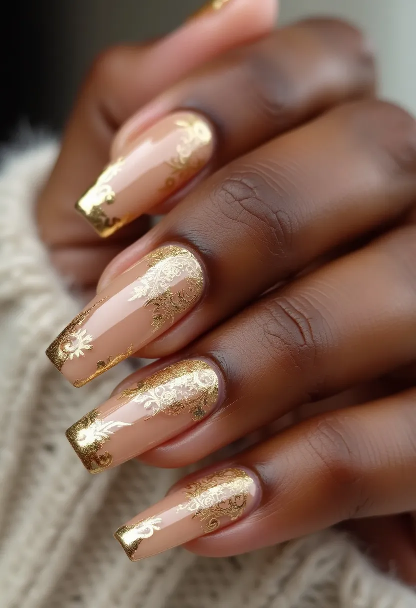 The nail design features a long, square shape with a nude base color that provides a sophisticated backdrop for intricate gold foil accents. The gold patterns are elegantly detailed, resembling delicate lace or intricate filigree, prominently displayed at the tips and extending partially down the nail bed. This design likely utilizes gel polish, known for its durability and glossy finish, enhancing the luxurious look. The combination of nude and gold creates a glamorous and opulent feel, suitable for special occasions such as weddings or festive events. The gold detailing adds a festive flair that could be particularly fitting for holiday seasons or celebratory occasions, merging classic elegance with a touch of extravagance.