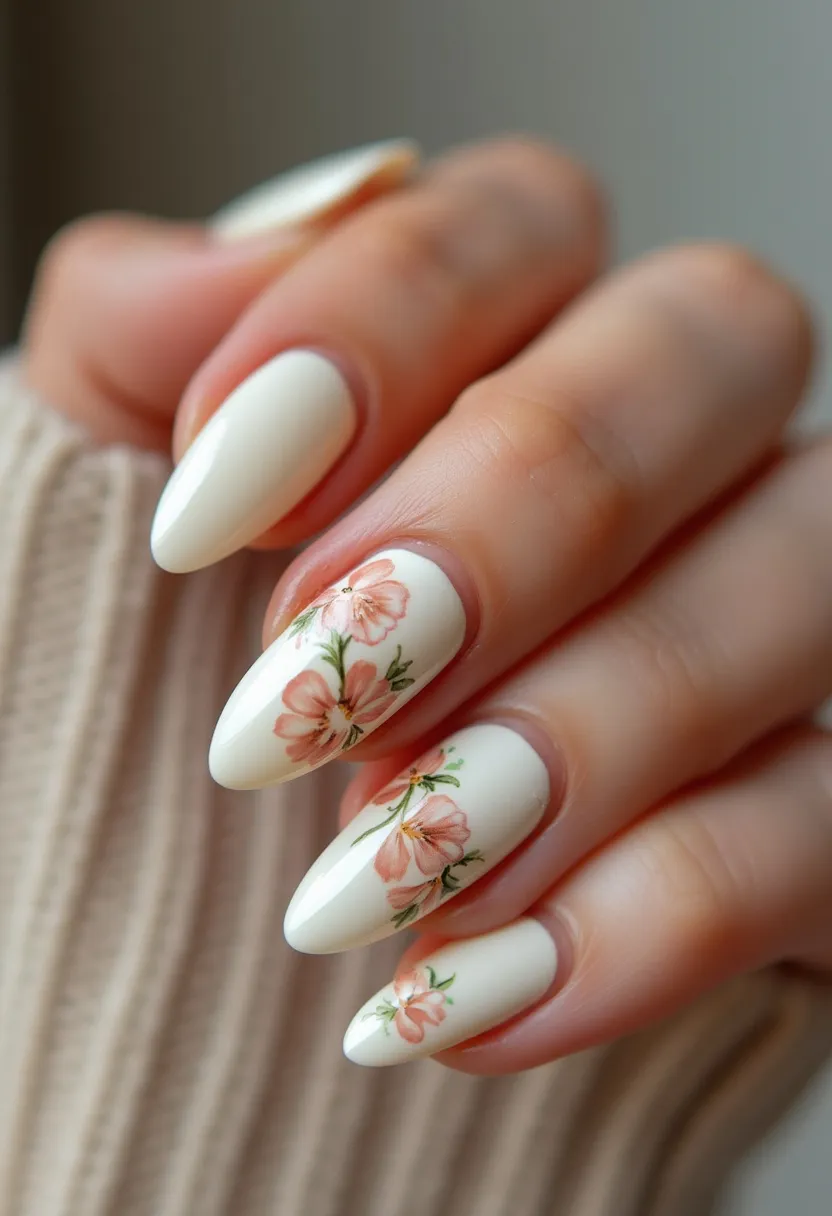 The nail design features an elegant and refined almond shape, giving the nails a sophisticated and elongated appearance. The primary color palette is a soft, creamy white that serves as a perfect canvas for delicate decorations. Intricate floral patterns in pastel peach and green tones are artfully painted on the nails, with the flowers appearing realistically detailed, adding a touch of nature-inspired beauty. These designs suggest a romantic, possibly spring-themed vibe. The type of nail treatment appears to be a gel application, providing a glossy and smooth finish that enhances the intricate artwork. This manicure embodies a delicate and timeless aesthetic, making it suitable for special occasions such as weddings or garden parties.