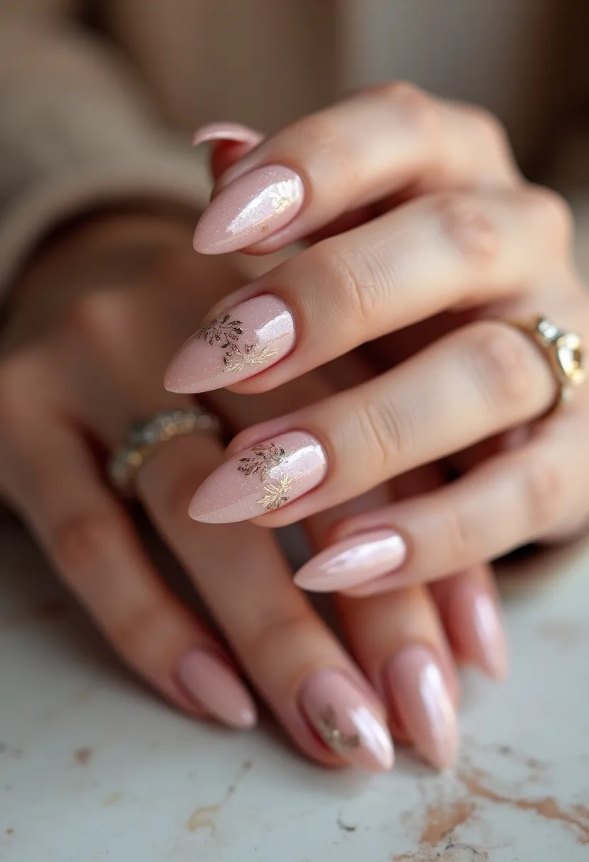 The nail design features a soft, shimmering pale pink color palette that covers the entirety of the nails. The nails are almond-shaped, providing an elegant and elongating silhouette. Each nail is adorned with delicate, metallic gold floral patterns that add a touch of sophistication and intricacy to the design. The treatment appears to be a gel manicure, as indicated by the high-gloss, smooth finish and durability of the decorations. This nail art would be fitting for a variety of special occasions, such as weddings or formal events, and it also carries a slight autumnal theme due to the floral accents, making it suitable for the fall season.