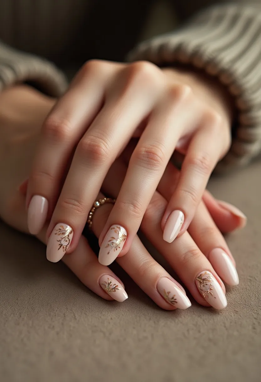 The nail design features a delicate and sophisticated palette of soft ivory or pale pink, lending an elegant and understated look to the nails. The nails are shaped in a medium-length almond form, enhancing the feminine and graceful aesthetic. Intricate floral patterns are delicately painted on a few accent nails, featuring subtle gold accents that add a touch of luxury and sophistication. This detail suggests a nail treatment likely done in gel polish, as it provides a smooth and glossy finish suitable for intricate designs. The floral motif and light colors hint at a seasonal theme suitable for spring or a special occasion like a wedding or bridal shower, emphasizing elegance and refinement.