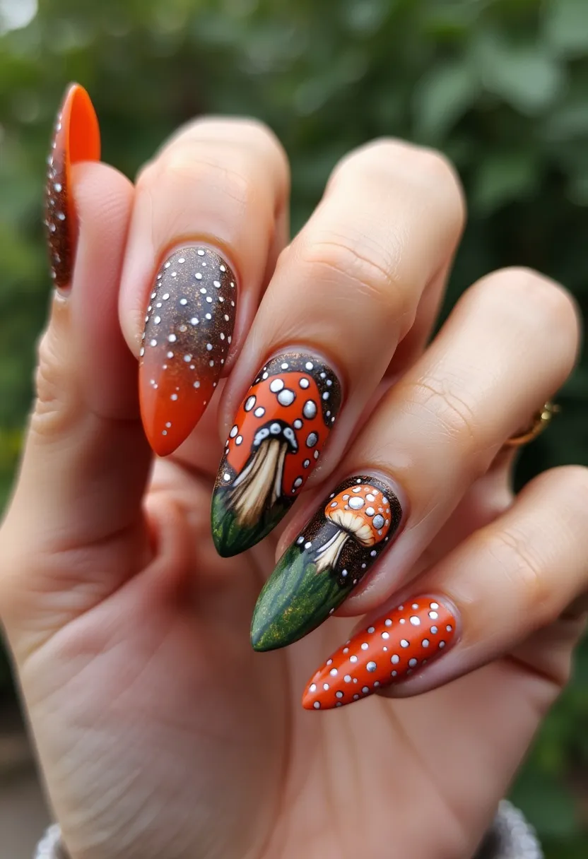 The nail design features an autumnal palette dominated by shades of orange, brown, and green, suggesting a fall season theme. The nails are almond-shaped, offering a sleek and elegant appearance. Intricate patterns include detailed depictions of mushrooms with white polka dot accents, providing a whimsical, forest-inspired aesthetic. The orange and brown gradient, accented by small white dots, enhances the natural, earthy feel of the design. This manicure appears to utilize gel treatment, known for its durability and glossy finish, ensuring the intricate designs remain vibrant and intact. The overall look is artistically crafted and perfect for seasonal autumn festivities or themed events.