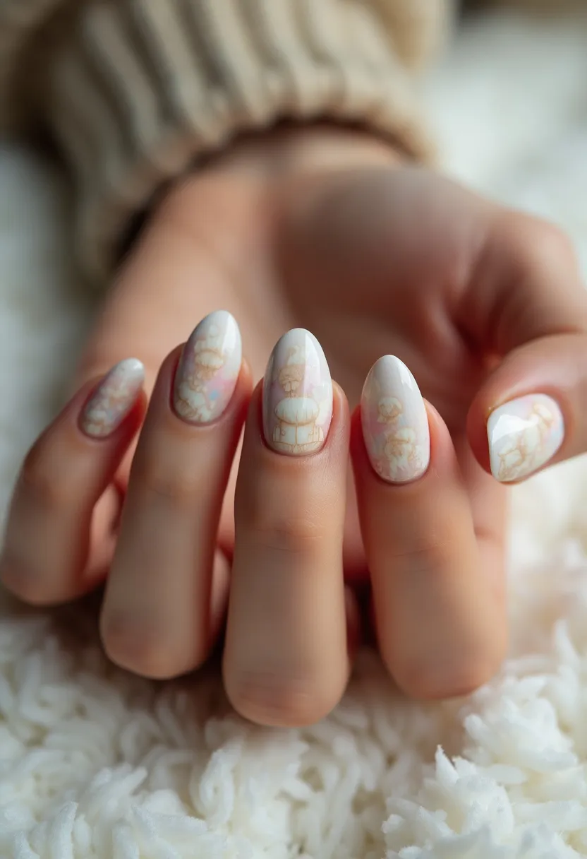 The nail design features a delicate color palette predominantly consisting of light, pastel hues with a prominent white base. The nails are shaped in an elegant almond style, which complements the soft and sophisticated look. Intricate patterns are evident, showcasing gentle floral-like details and subtle marbling, adding a touch of complexity and elegance. The nail treatment appears to be either gel or shellac, given the high-gloss finish and the intricate design’s precision. This nail art style exudes a serene and elegant vibe, suitable for a spring-themed event or a sophisticated special occasion.