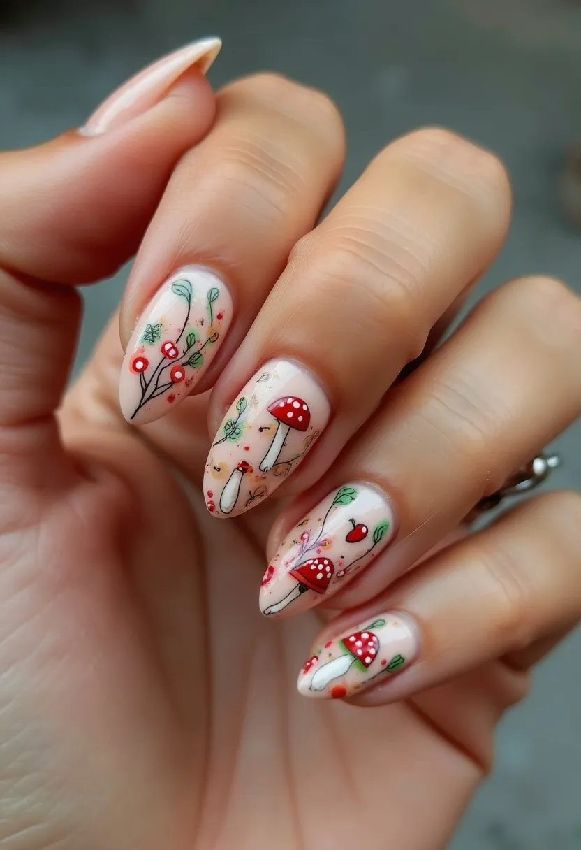 This nail design features a soft, neutral base color that establishes a delicate canvas for intricate detailing. The nails are shaped in an almond style, providing an elongated and elegant look. The artwork includes charming, whimsical patterns of mushrooms in red and white, accompanied by delicate green vines and leaves, along with small red berries. The attention to detail suggests a high level of skill, indicative of gel or acrylic treatment to ensure durability and a glossy finish. The design has a nature-inspired, fairy tale quality, making it particularly suitable for the autumn season or special themed events. The playful yet sophisticated details create a distinctive and enchanting aesthetic.