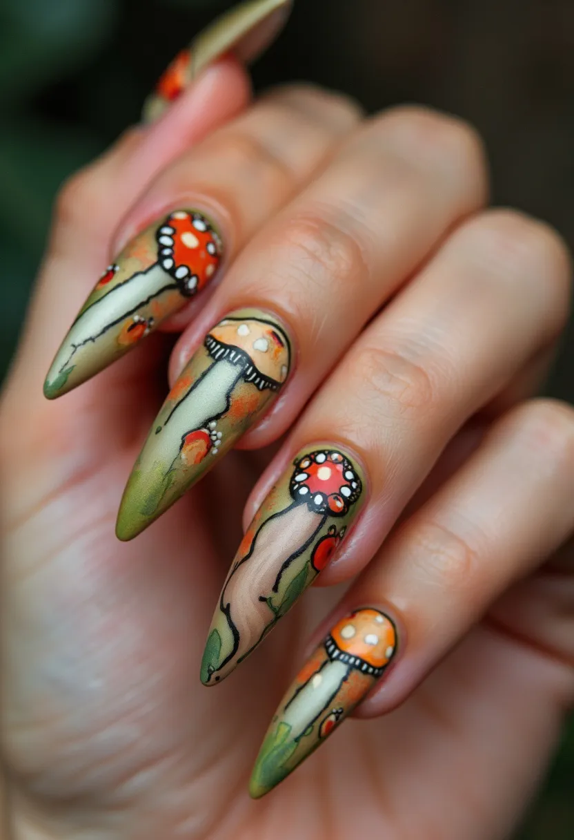 The nail design features a striking autumnal color palette dominated by earthy tones such as green, brown, and orange. The nails are shaped in a sharp stiletto style, providing a dramatic effect that complements the detailed artwork. Each nail showcases intricate hand-painted mushroom patterns, including traditional red and white Amanita mushrooms, bringing a whimsical woodland theme to life. This design appears to use a gel or acrylic nail treatment, given the vibrant colors and the glossy finish typically associated with these methods. The overall aesthetic evokes a cozy, nature-inspired feel, making it perfect for the fall season and suitable for occasions embracing an earthy or Halloween theme.