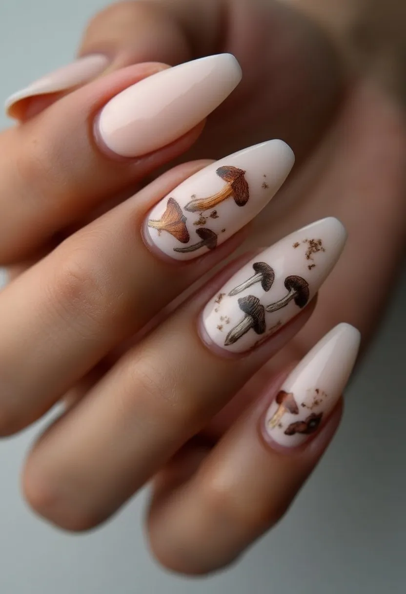 The nail design showcases a soft, pastel cream color palette with intricate hand-painted brown and taupe mushroom motifs, adding an earthy and whimsical touch. The nails are shaped in a long, almond form, providing an elegant and sophisticated appearance. The nail treatment used appears to be a gel, given the high gloss and smooth finish, ensuring long-lasting wear and durability. Each nail features unique mushroom illustrations, creating a cohesive yet varied aesthetic across the nails. The delicate mushroom pattern suggests a forest or autumnal theme, perfect for fall season celebrations or nature-inspired events.