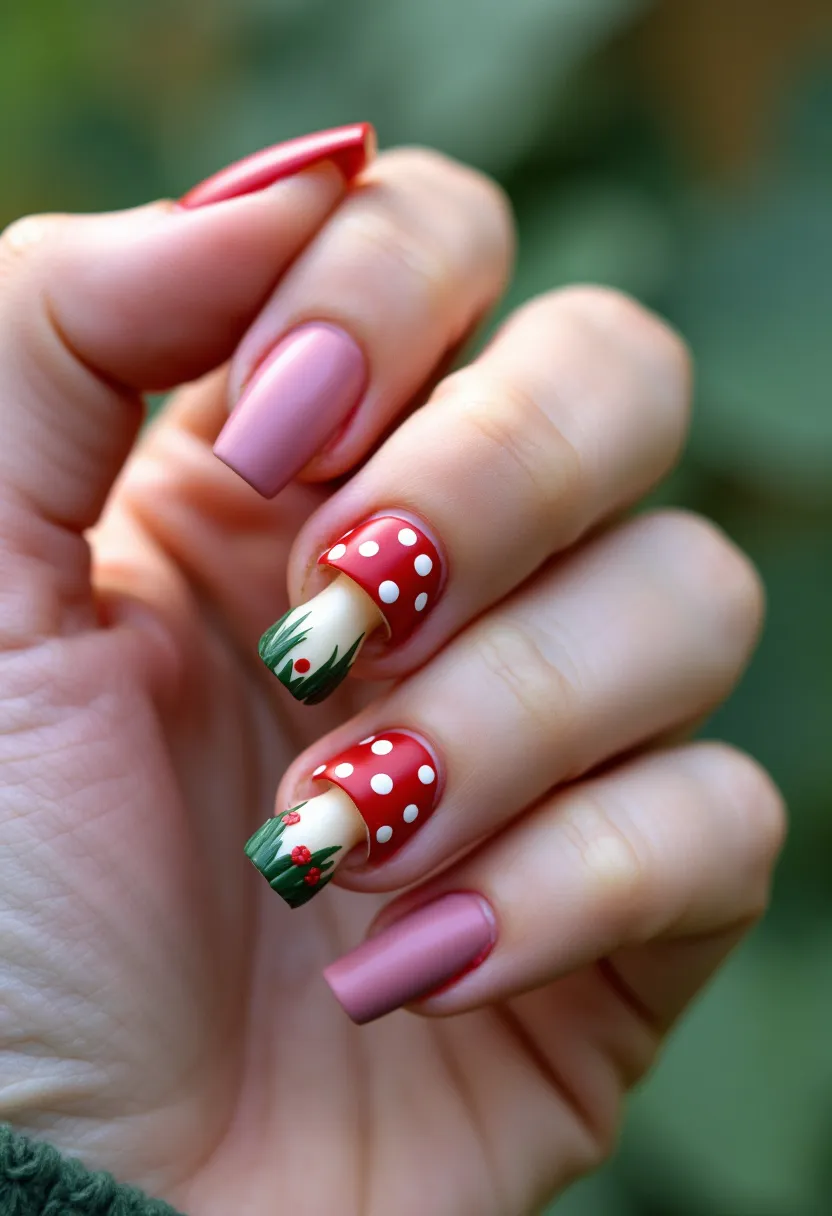 The nail design features a combination of a muted pink and vibrant red color palette. The nails are shaped in a square form, offering a modern and chic look. Two of the nails are painted with a simple matte pink finish, while the ring and middle fingers showcase a whimsical and intricate toadstool mushroom design. The mushroom caps are painted in a bright red color with white polka dots, and the stems include green grass-like details at the base, along with tiny red berry accents. The design appears to be suited for a playful and earthy theme, possibly a forest or fairytale-inspired occasion. The nails likely use gel or acrylic treatment to achieve the glossy and detailed finish.