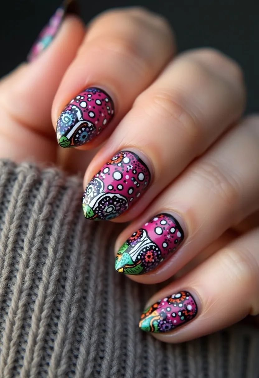 The nail design features a vibrant and eclectic color palette including shades of pink, green, blue, and orange with black and white accents. The nails are shaped into a medium-length almond style. Intricate patterns adorn each nail, with designs resembling abstract or whimsical illustrations, possibly inspired by a folk art or bohemian theme. The surface of the nails has a glossy finish suggestive of a gel or shellac treatment. Tiny white dots and circular motifs are integrated into the design, adding to the complexity and playful nature of this artistic nail art. This design may be suitable for festive occasions or as a statement for a creative and bold style.