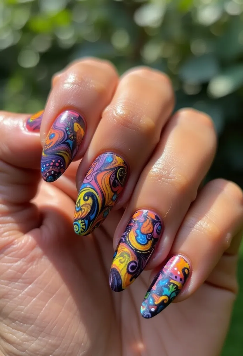 This nail design features a vibrant and eclectic color palette that includes shades of purple, yellow, orange, blue, and green. The nails are shaped into a stylish almond form, providing an elegant and elongated look. Intricate swirls and abstract patterns adorn each nail, with some including small dot accents to add to the detailed artistry. It appears to be a gel treatment, as indicated by the glossy finish and smooth, durable surface. The design does not seem to be tied to any specific seasonal theme or special occasion, but its bright and lively colors give it a lively, artistic feel suitable for any fun or creative event.