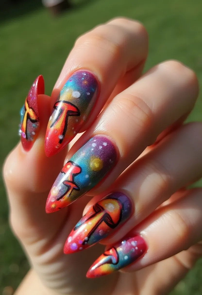 The nail design features a vibrant color palette comprising shades of red, blue, purple, yellow, and white, seamlessly blended to create a galaxy-like effect with the inclusion of whimsical mushroom patterns on each nail. The nails are long and shaped into a sharp stiletto form, contributing to the dramatic and eye-catching look. The intricate artwork suggests that a gel nail treatment was likely used to achieve the glossy and smooth finish, providing an ideal canvas for the detailed design. Each nail presents unique mushrooms, emphasized with black outlines and set against the cosmic background, giving the design a playful yet mystical aesthetic. The overall theme seems to draw inspiration from fantasy or a psychedelic art style, making it suitable for those looking to make a bold fashion statement or celebrating an unconventional-themed event.