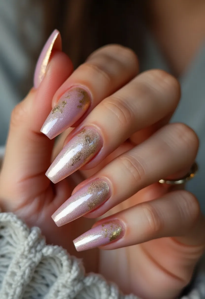 The nail design features a soft, pastel lavender base decorated with shimmering gold flakes, creating an elegant and luxurious look. The nails are shaped in a long, tapered coffin style, which is both stylish and on-trend. The gold flakes are distributed sparsely across the nails and give a touch of glamour without overpowering the base color. This nail art likely uses a gel treatment for added durability and a glossy finish. The combination of pastel and metallic elements is sophisticated and versatile, suitable for special occasions like weddings or festive seasons where a touch of elegance is desired.