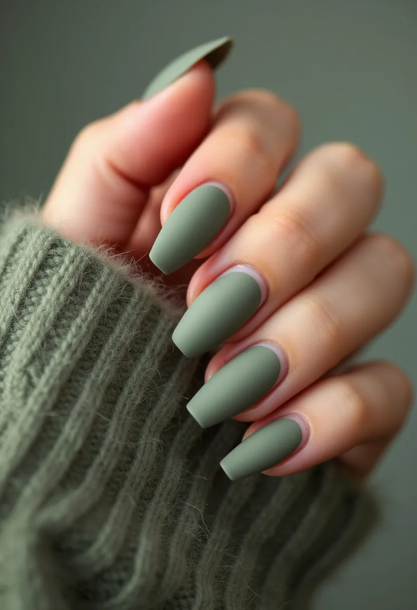 The nail design showcases a sophisticated matte olive green color palette, giving a muted yet stylish appearance. The nails are shaped in a sleek, square form with softly rounded edges, elongating the fingers with an elegant silhouette. This design likely uses a gel or acrylic treatment, favored for their durability and smooth finish. A unique, minimalist touch is added with a small, unpainted crescent at the base of each nail, accentuating the overall matte effect while maintaining a balanced negative space element. The choice of olive green and the matte finish suggest a cozy, autumnal theme that could be perfect for the fall season.