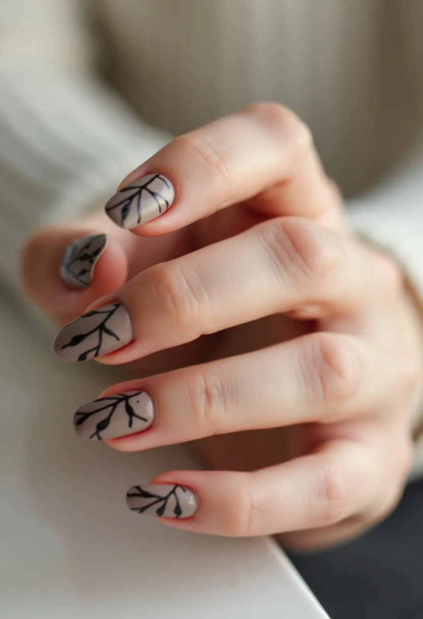 This nail design showcases a neutral taupe or beige base color, creating an elegant and muted palette. The nails feature a soft, rounded shape and are decorated with intricate black branch-like patterns, adding a touch of nature-inspired charm. Given the glossy finish and precision of the design, it appears to be achieved using gel polish. This manicure feels seasonally appropriate for fall or winter due to the earthy tone and the branch motif. The design is sophisticated and versatile, likely suitable for both casual wear and special occasions.