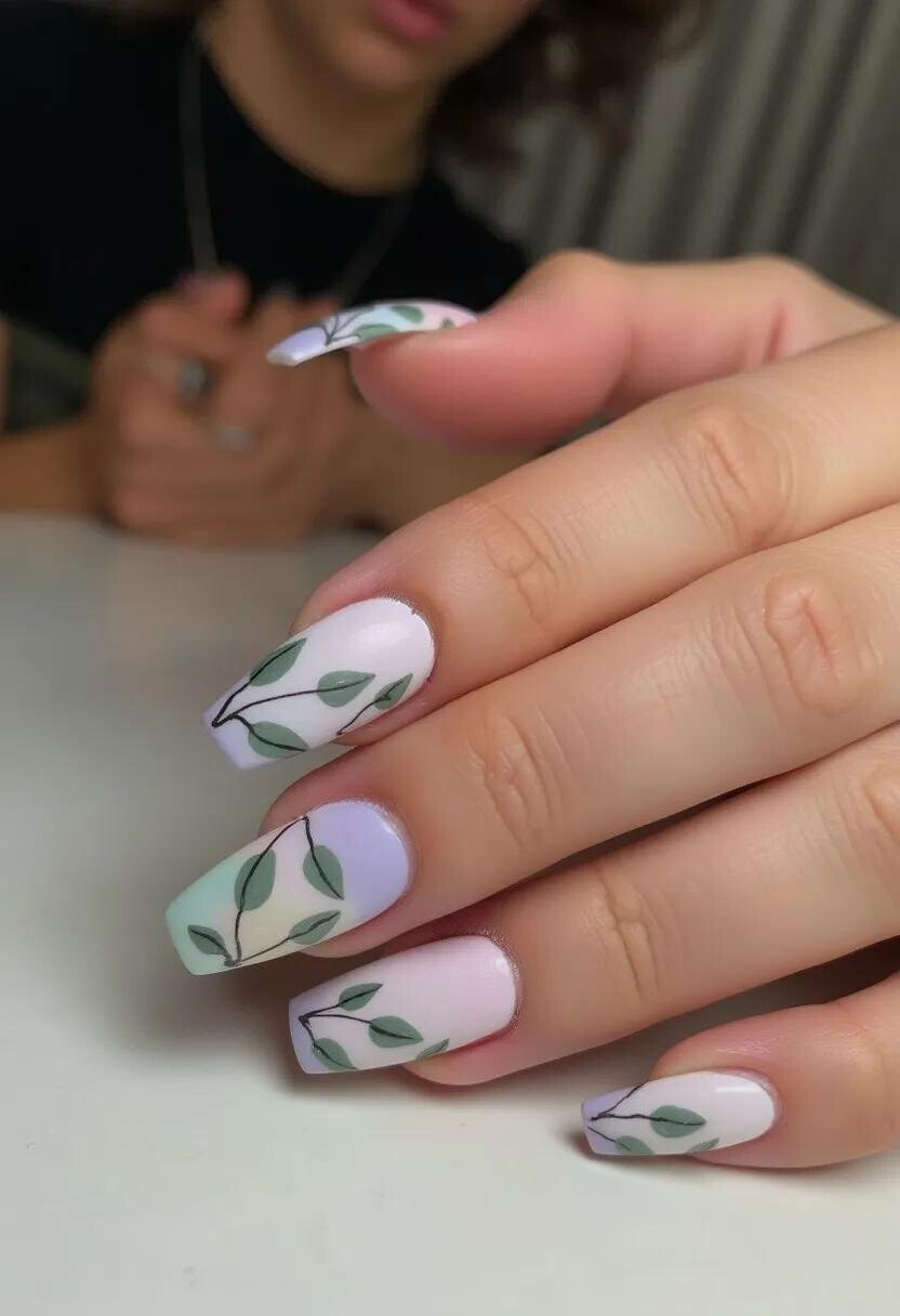 The nail design in the image features a soft and pastel color palette with hues of lavender, pale pink, and mint green blending seamlessly on each nail. The nails are shaped in a medium-length coffin or ballerina style, providing a sleek and stylish appearance. Each nail displays intricate hand-painted botanical patterns consisting of delicate branches with small, green leaves, adding an elegant and natural touch to the overall design. The manicure appears to be a gel treatment, given the smooth and glossy finish indicative of gel polish. This design is subtle and sophisticated, suitable for a spring or summer look, making it ideal for a refreshing seasonal statement or a special occasion like a garden party or a wedding.