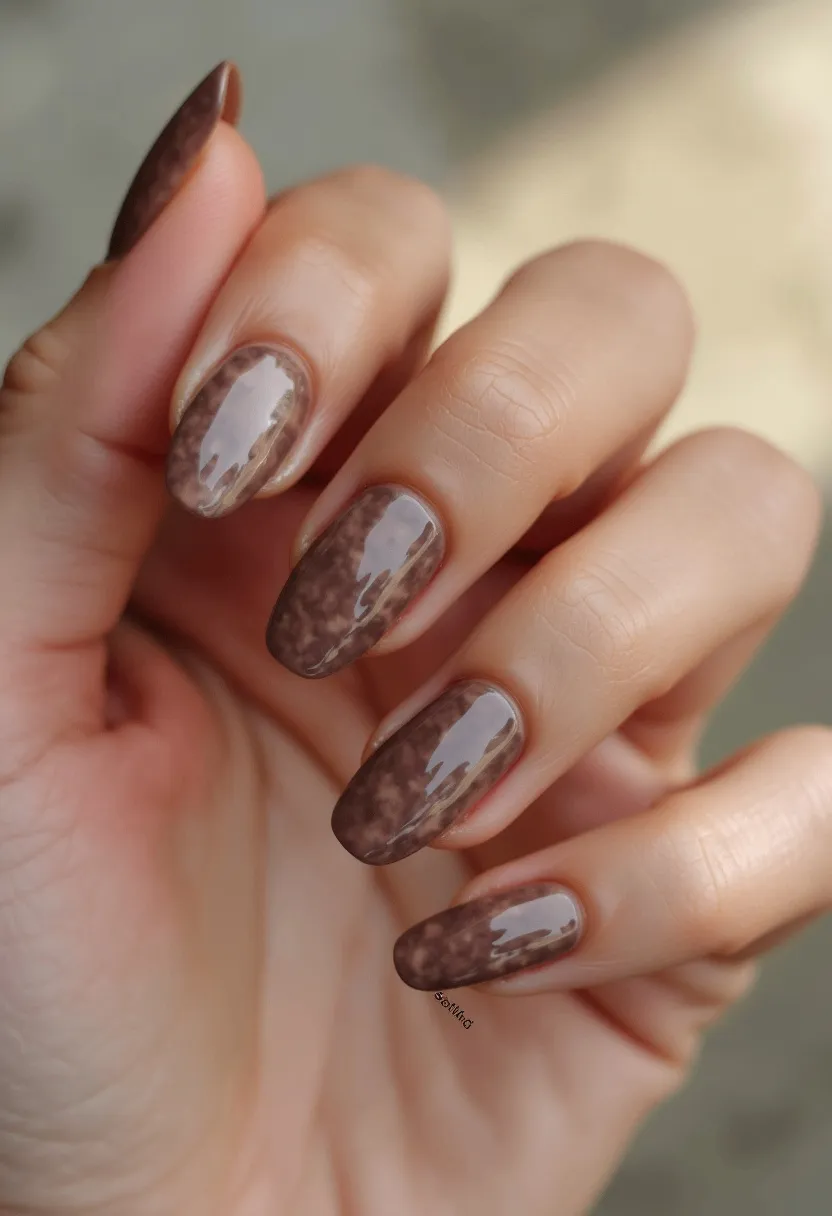 The nail design features an elegant and sophisticated color palette dominated by shades of brown, creating a warm and earthy feel. The nails are shaped in a classic oval form, providing a timeless aesthetic. The intricate pattern resembles a marbled effect, adding depth and texture to the design. This marbleized pattern blends lighter and darker shades of brown seamlessly. Given the high gloss and smooth finish, it is likely achieved using a gel or shellac treatment, which adds durability and shine. The overall design is versatile and muted, making it suitable for both everyday wear and special occasions, particularly during the autumn season due to its earthy tones.