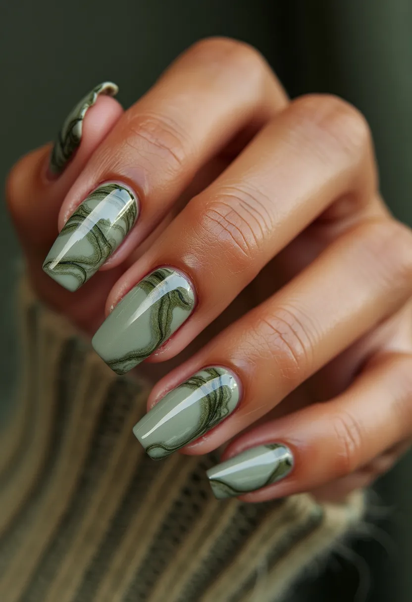 The nail design features a sophisticated and nature-inspired aesthetic. The nails are of medium to long length with a neatly squared shape. The palette is predominantly composed of various shades of green, from a subdued sage to a deeper forest green. The intricate marble pattern, swirled elegantly on each nail, evokes a sense of organic fluidity reminiscent of natural stone or foliage. The finish appears glossy, suggesting a possible gel treatment that enhances the vibrancy and durability of the colors. This nail design exudes an earthy and serene vibe, making it ideal for both casual wear and more formal occasions, aligning well with an autumn theme due to its natural, muted tones.