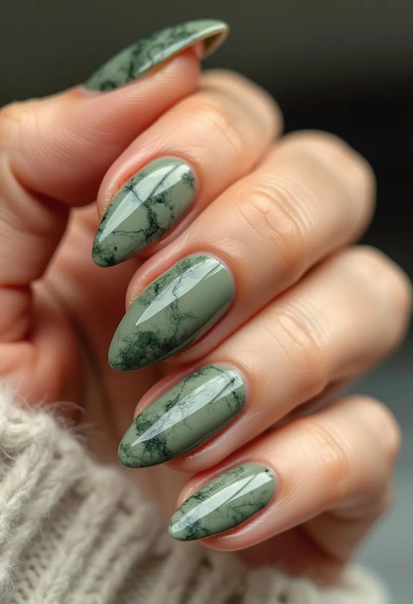 The nail design features a sophisticated marbled effect with a rich green color palette. The nails are shaped in an elegant almond form, offering a trendy and elongating look to the fingers. The intricate marbled pattern includes subtle dark green and black veins running through the primary shade of green, creating an almost natural stone or jade-like appearance. This design seems to be crafted with a gel treatment, as indicated by the glossy and smooth finish that enhances the intricate textures. The design is versatile, suitable for a variety of occasions, and could easily align with seasonal themes such as autumn due to its earthy tones. The overall look is chic and polished, reflecting a balance of elegance and modern artistry.