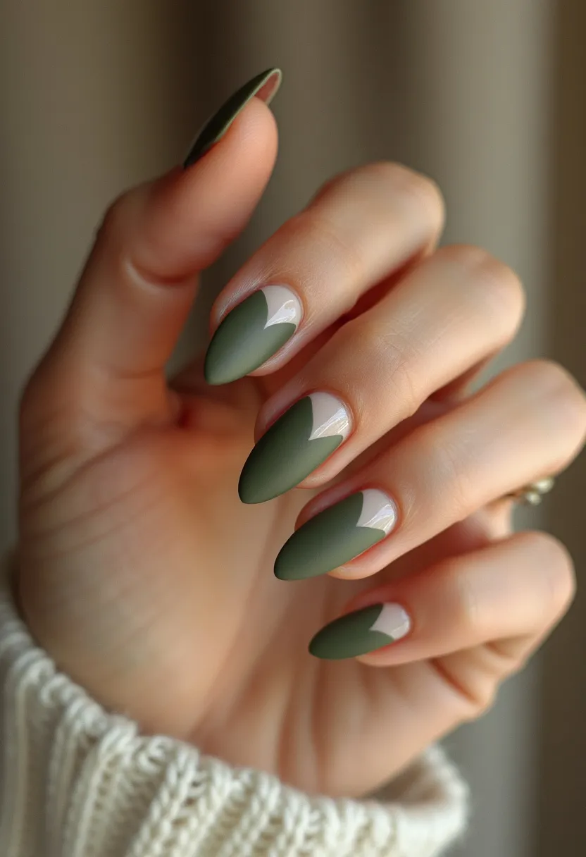 The nail design features an almond shape and utilizes a sophisticated matte finish treatment, likely gel or acrylic. The color palette includes a muted sage green paired with a natural nude base, creating a chic two-tone look. Each nail displays a distinctive, sharp geometric pattern where the sage green color diagonally covers the nude base, creating a sleek and modern design. This pattern gives the nails a minimalist and elegant appearance, suitable for autumn or winter seasons due to the earthy green tone. The choice of colors and the matte finish combine to present a stylish and understated look, perfect for both casual and formal occasions.