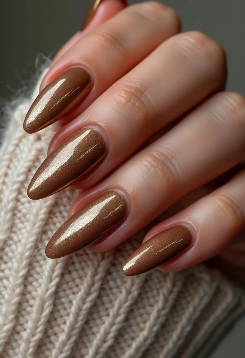 The nail design features a warm, rich brown color palette with a subtle shimmer finish, giving the nails a luxurious and polished appearance. The nails are shaped into a pointed almond form, accentuating the length and elegance of the design. This particular treatment appears to be a gel manicure, providing a high-gloss finish and long-lasting wear. The choice of color and shimmer suggests a seasonal autumn theme, perfect for fall fashion and complementing cozy sweaters. The striking almond shape and professional finish highlight the attention to detail in this stylish nail design.