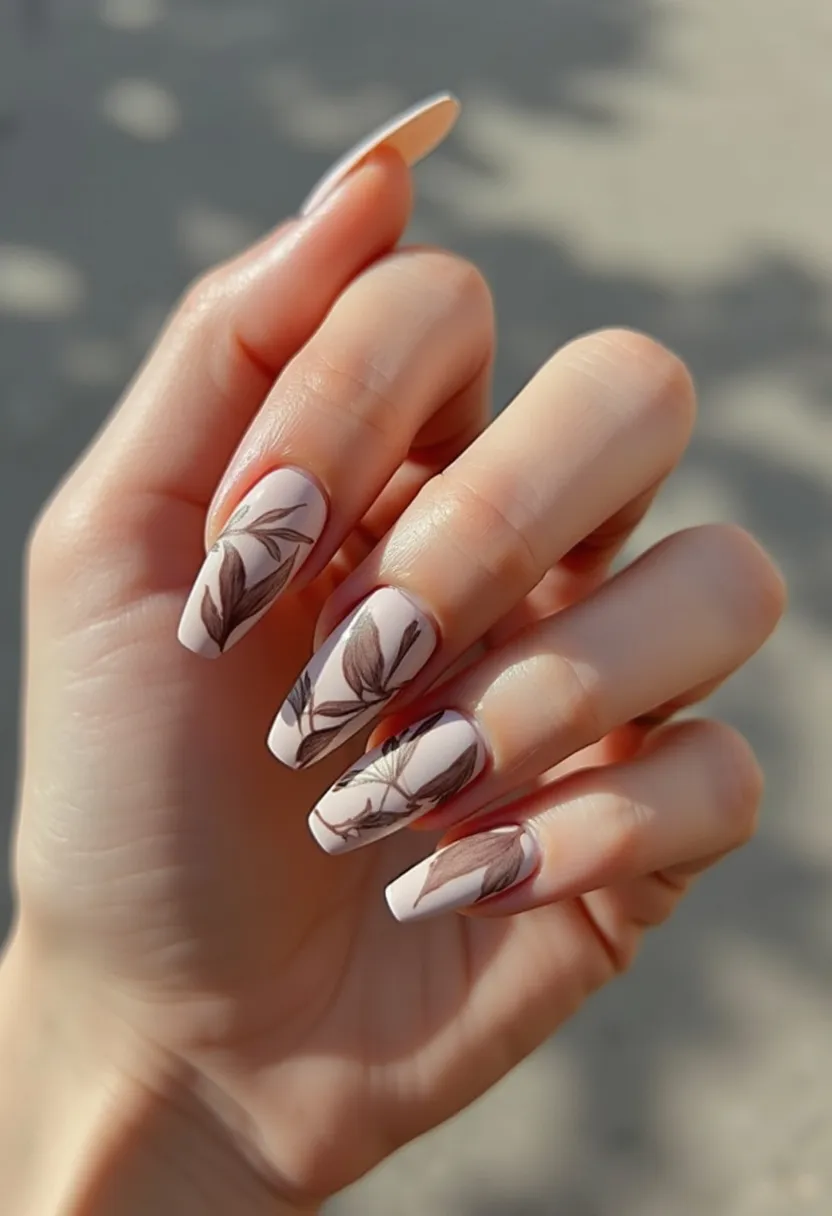 This nail design showcases a sophisticated almond shape with a delicate and neutral color palette primarily featuring soft beige and brown tones. Each nail is adorned with intricate botanical patterns depicting leaves, making the overall look elegant and nature-inspired. The artwork is finely detailed, creating a graceful and organic appearance. The treatment appears to be gel, providing a smooth and glossy finish that enhances the intricate patterns while ensuring durability. This design is versatile and can be fitting for various occasions, capturing a serene and earthy aesthetic, potentially aligning with autumn due to its muted tones and leaf motifs.