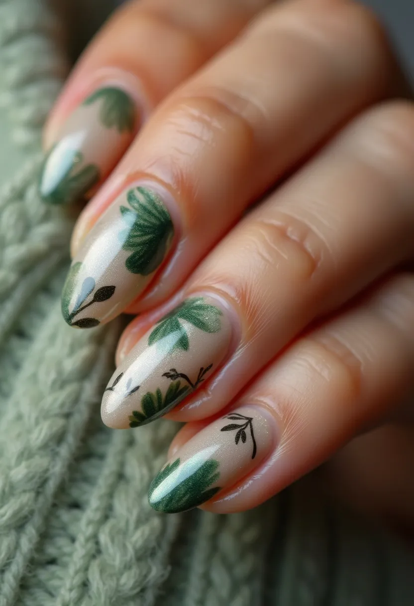 This nail design features elongated almond-shaped nails, expertly manicured and adorned with a natural, botanical theme. The color palette is predominantly a sophisticated combination of green and nude shades. The base color is a subtle shimmering nude, offering a smooth canvas that beautifully emphasizes the green leaf patterns and black branch detailing. Each nail is meticulously decorated with intricately painted green leaves and delicate black sprigs, evoking a serene and earthy aesthetic. The nail treatment appears to be gel polish, providing a glossy and long-lasting finish that enhances the intricacy of the designs. This nail art, with its nature-inspired motifs, is both elegant and versatile, making it suitable for a variety of occasions, particularly those in spring or summer seasons.