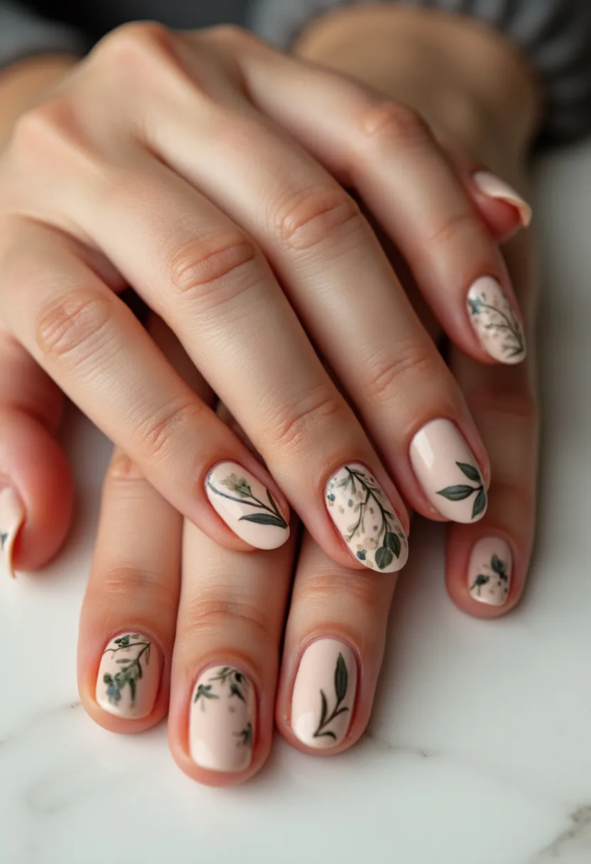 The nail design features a soft, beige-pink base color, providing a neutral and elegant foundation for the intricate botanical patterns adorning each nail. The nails are medium-length with a gently rounded shape, contributing to a chic and refined appearance. Detailed floral and leafy designs, rendered in muted greens and occasional small buds, create a delicate and natural aesthetic. This look appears to have been achieved using a gel treatment, ensuring a glossy and long-lasting finish. The subtle and sophisticated palette, paired with the nature-inspired motifs, makes this design ideal for a spring or summer theme, adding a touch of serene beauty suitable for various occasions, including weddings or outdoor events.