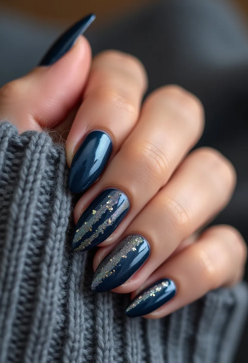 The nail design features an elegant deep, metallic blue color palette, which exudes a chic and sophisticated vibe. The nails are shaped in an almond form, giving them a sleek and elongating appearance. There are intricate patterns of gold glitter accentuating some of the nails, creating a shimmering contrast against the dark blue background. The nail treatment appears to be gel, lending the nails a glossy and polished finish. The combination of the deep blue and gold glitter hints at a glamorous, festive theme, making it suitable for special occasions or seasonal celebrations such as New Year's Eve or winter holidays. This design is both stylish and sophisticated, perfect for adding a touch of sparkle to any ensemble.