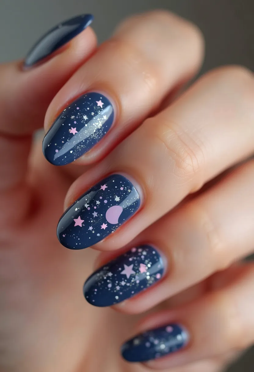 The nail design showcases an oval nail shape with a striking dark navy blue color palette. Each nail exhibits an intricate celestial theme, featuring tiny pink star and moon decals, complemented by a dusting of silver glitter that mimics a starry night sky. This design likely uses gel polish, given its glossy and smooth finish. The thematic elements, such as stars and moons, suggest a whimsical or cosmic inspiration, and the choice of dark blue paired with shimmering accents makes it suitable for evening wear or special nighttime occasions. The overall effect is both enchanting and elegant, perfect for those who enjoy a touch of celestial charm.