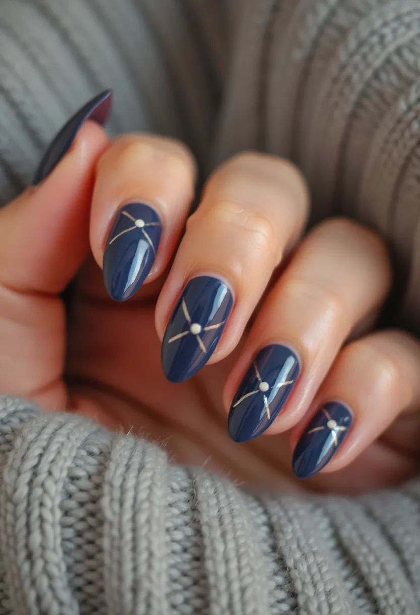 The nail design features a rich, dark blue color palette that is both elegant and eye-catching. The nails are shaped in an oval style, enhancing their sleek and sophisticated appearance. Each nail is adorned with a delicate, symmetrical pattern consisting of fine, intersecting lines in a metallic or light shade, forming an 'X' shape. At the center of each 'X,' there is a small dot of a contrasting color, possibly white or a light pearl. The treatment appears to be gel, given the high-gloss, smooth finish that is characteristic of gel nails. This design could work well for a winter or formal occasion, with its subtle yet classy decorations and refined aesthetic.