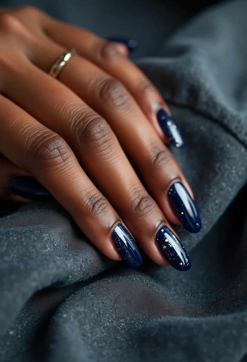 This nail design features a striking color palette dominated by a deep, rich navy blue. The nails are shaped in a medium to long rounded almond style, enhancing the elegance of the design. The treatment used appears to be gel polish, giving the nails a glossy and smooth finish. Intricate details include subtle glitter accents that are dispersed throughout the nails, adding a touch of sparkle and dimension that resembles a starry night sky. This design has a sophisticated, celestial theme, making it suitable for various special occasions or for someone looking to add a bit of formal glamour to their look, potentially aligning with seasonal winter themes or evening events.