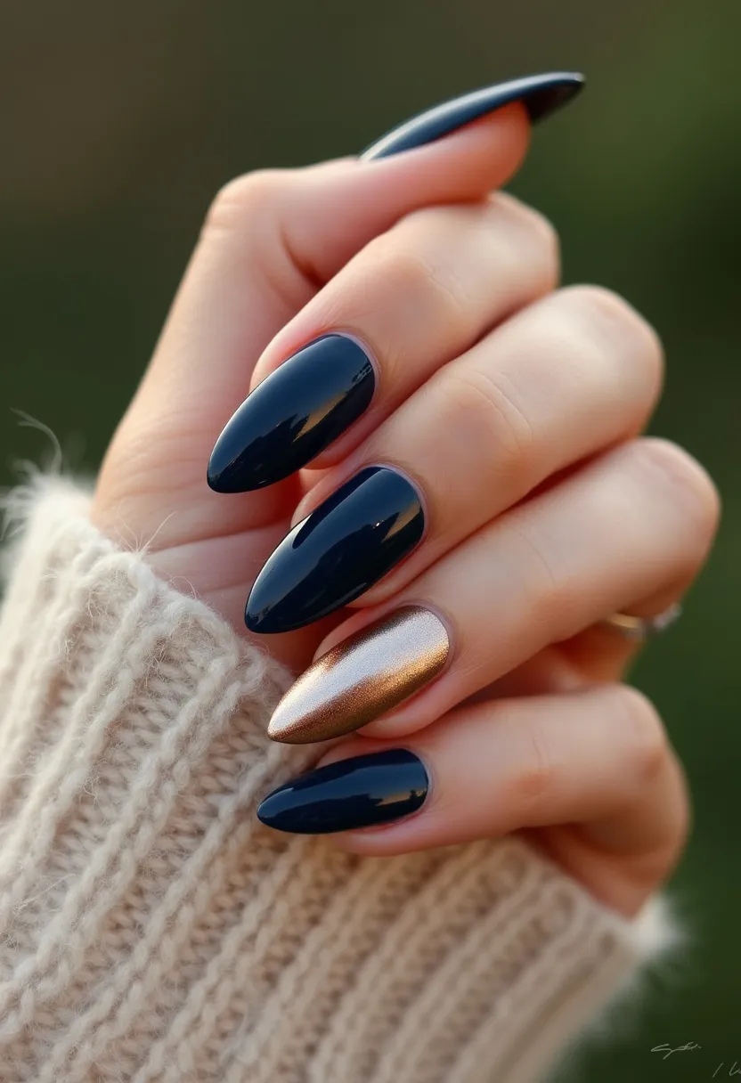 The nail design features a striking color palette consisting of a rich, dark navy blue and a contrasting, metallic rose gold accent. The nails are shaped into elegant, elongated almond tips, offering a sophisticated appearance. Four of the nails are painted with a smooth, glossy navy blue, while the ring finger showcases the metallic rose gold polish, adding a touch of glamour and distinction to the overall look. The treatment appears to be a high-quality gel, providing a sleek and durable finish. This design may be ideally suited for the autumn-winter season or special occasions like evening events, due to its dark and metallic color scheme which exudes a luxurious and festive vibe.