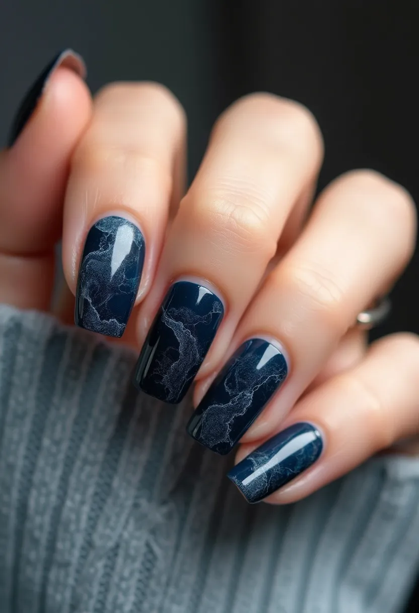 The nail design features a deep, dark blue color palette, resembling a night sky, applied in a gel treatment. The nails are medium length with a square shape, providing a sleek and modern appearance. A delicate marbling effect in light grey or white is intricately integrated into the design, creating an elegant and sophisticated pattern. The marbling gives a luxurious impression, possibly indicating a special occasion or a desire for a high-fashion look. The gel finish ensures a glossy and durable sheen, adding to the overall refinement and polished quality of the nails.