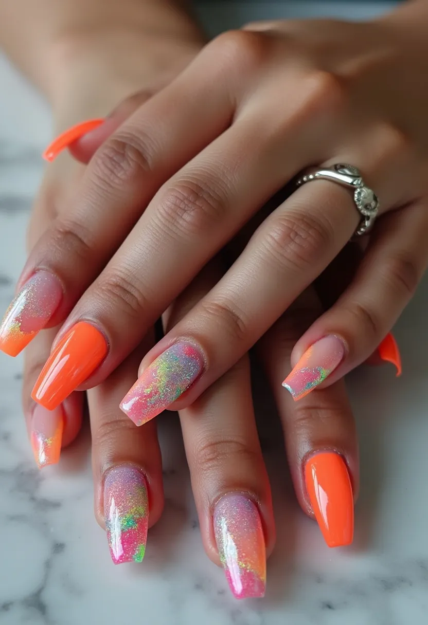 The nail design features a predominantly bright orange color palette, complemented by a variety of intricate patterns. The nails are elongated and squared off at the tip. Some nails are painted entirely in vivid, solid orange, while others exhibit a gradient effect that transitions from a shimmery pink base to the bright orange tips. Additionally, there are nails with a glittery finish and multi-colored holographic accents, adding a dynamic and eye-catching element to the overall look. This manicure appears to be a form of gel treatment, given the glossy and smooth finish that enhances the vibrancy of the colors. The design's bright and bold colors suggest a fun, summery theme, possibly suited for festive occasions or summertime celebrations.