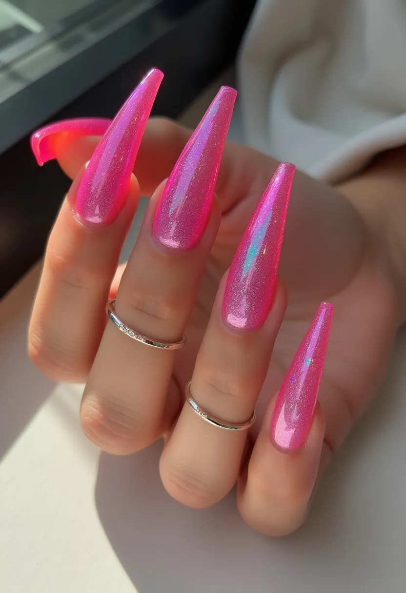 The nail design features a striking hot pink color palette with a pearlescent, holographic sheen that creates a vibrant and eye-catching effect. The nails are shaped in a long, sharp stiletto style, giving them an edgy and dramatic look. The treatment appears to be gel-based, given the high-gloss finish and smooth, even application. The nails do not have intricate patterns but rely on the allure of the shimmering finish to make a statement. This design is versatile enough to be appropriate for festive occasions, summer events, or any time that calls for a bold and glamorous appearance. The overall look is modern and chic, appealing to those seeking a standout nail design.