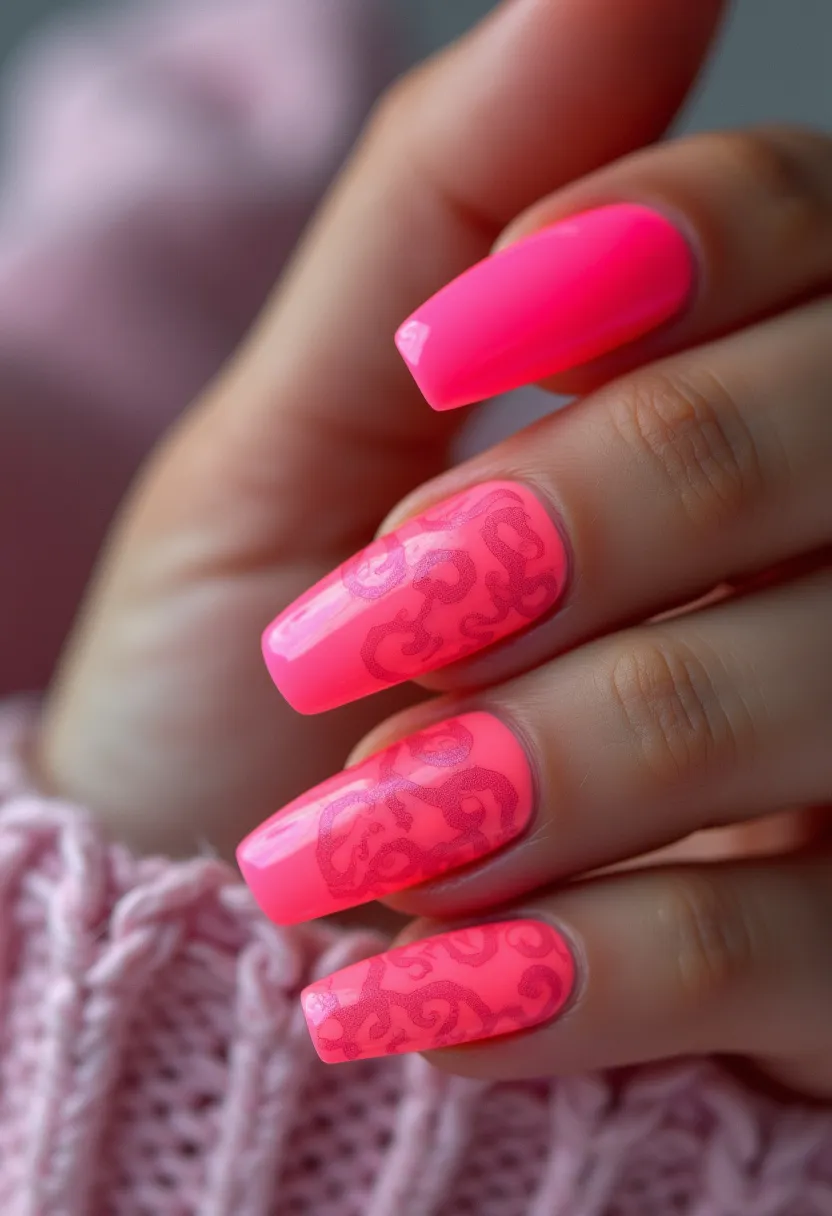 The nail design features a vibrant neon pink color palette, ideal for making a bold statement. The nails are shaped in a long, square format, providing a substantial canvas for the intricate patterns. Some nails showcase a glossy solid neon pink, while others are adorned with delicate, darker pink lace-like patterns that add an elegant touch. The nails appear to have a gel treatment, giving them a high-shine finish that enhances their vividness. The bright and lively colors suggest a fun, summery theme, perfect for a seasonal celebration or special event.