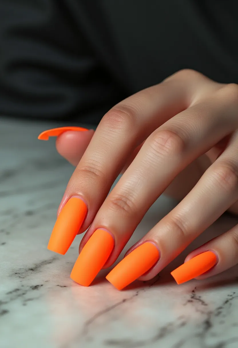 The nail design features a bold, vibrant orange hue that creates a striking look. The nails are shaped into long, squared tips, which emphasize a modern and edgy style. The smooth, matte finish suggests the use of a treatment like gel or acrylic, providing durability and a flawless look. There are no intricate patterns or additional decorations, maintaining a clean and uniform appearance. This eye-catching color and design could be ideal for a summer-themed look or a statement style for events requiring a pop of color. The simplicity of the design, combined with the vibrant color, makes it both trendy and versatile.