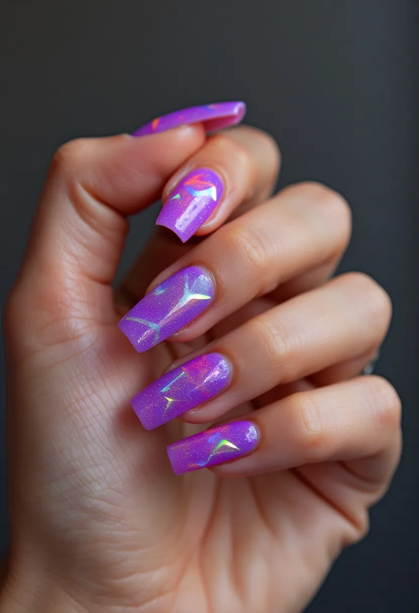 The nail design features a vibrant and eye-catching color palette dominated by a pearlescent lavender base. The nails are medium to long in length with a square shape, creating a bold and defined look. The design incorporates intricate holographic elements, which add a shimmering, multi-dimensional effect, making the nails sparkle as they catch the light. There are embedded geometric patterns with iridescent foil that shifts colors, enhancing the overall visual interest. The nail treatment appears to be a gel or acrylic finish, providing a glossy and durable surface ideal for long-lasting wear. This design exudes a whimsical, festive vibe, suitable for a special occasion or to add a touch of glamour to everyday life.