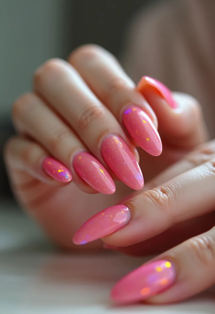 The nail design features a vibrant pink color palette with glossy, encapsulated glitter accents that catch the light and create a holographic effect. The nails are long and almond-shaped, adding an elegant and sophisticated touch to the overall look. This particular design appears to be achieved using gel treatment, as it has a smooth, high-gloss finish that is characteristic of gel manicures. The glitter elements enhance the nails with an eye-catching sparkle, suggesting a festive or celebratory theme, suitable for special occasions or seasonal events. The combination of the bright pink color and shimmering details makes for a playful yet chic manicure.