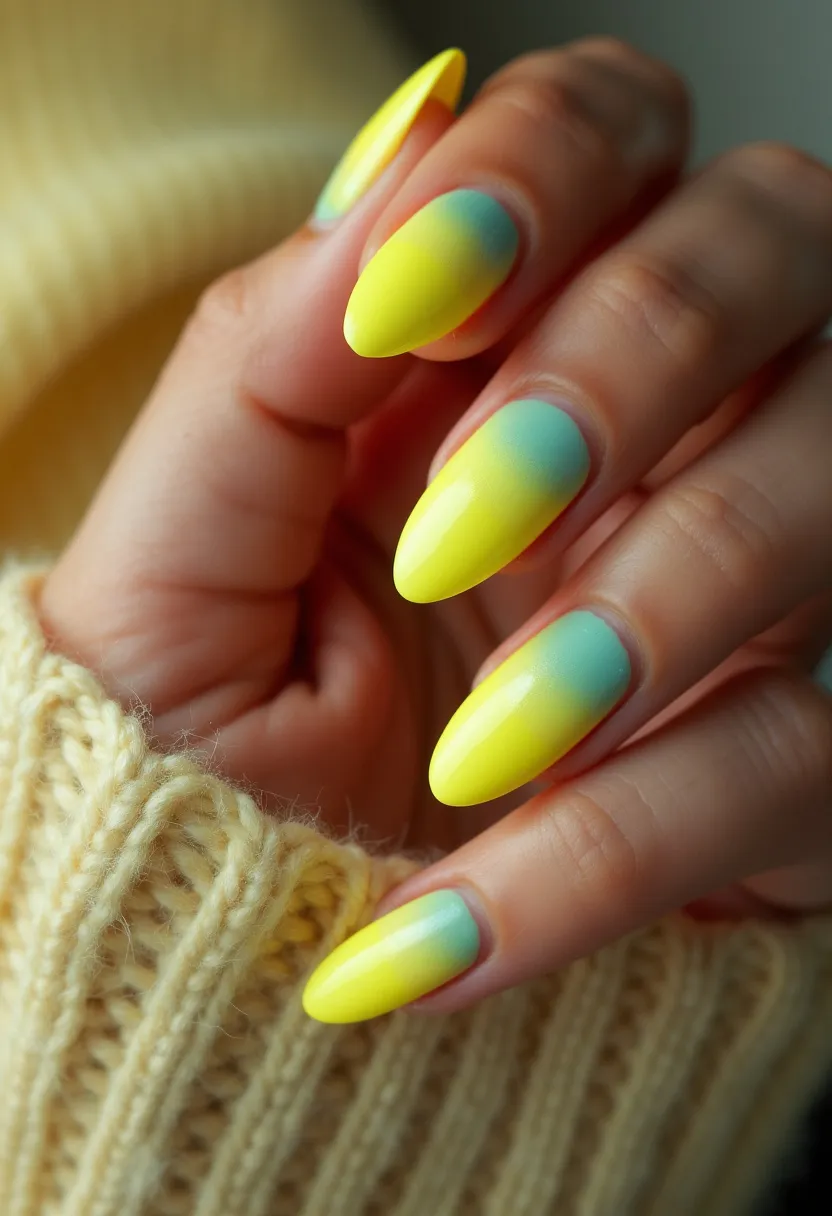 The nail design features a vibrant palette predominantly in shades of bright yellow and pastel blue, transitioning smoothly in an ombre effect from the base to the tip. The nails are almond-shaped, providing a sleek and elongated appearance. This design likely utilizes gel or acrylic treatments for a smooth and polished finish. The ombre pattern is intricate, with a soft gradient that adds a modern and dynamic touch to the overall look. The design suggests a lively, seasonal theme, possibly inspired by spring or summer, with its bright, cheerful colors and fresh, sunny vibes, making it suitable for warm-weather occasions or simply to add a pop of color to any ensemble.