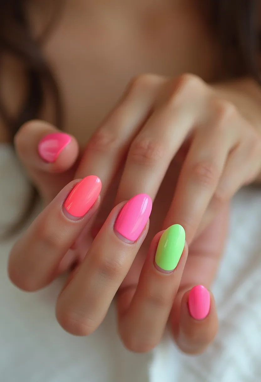 The nail design features a vibrant and playful color palette with neon pink and green hues. The nails have a medium length and are shaped into a rounded oval form. These nails are likely created using a gel or acrylic treatment, given their glossy and pristine finish. Each nail is painted uniformly without additional decorations, showcasing the bright colors in a clean and striking manner. The neon colors and simplicity of the design suggest a fun, summery theme, perfect for a cheerful and energetic look that complements festive or casual summer events.