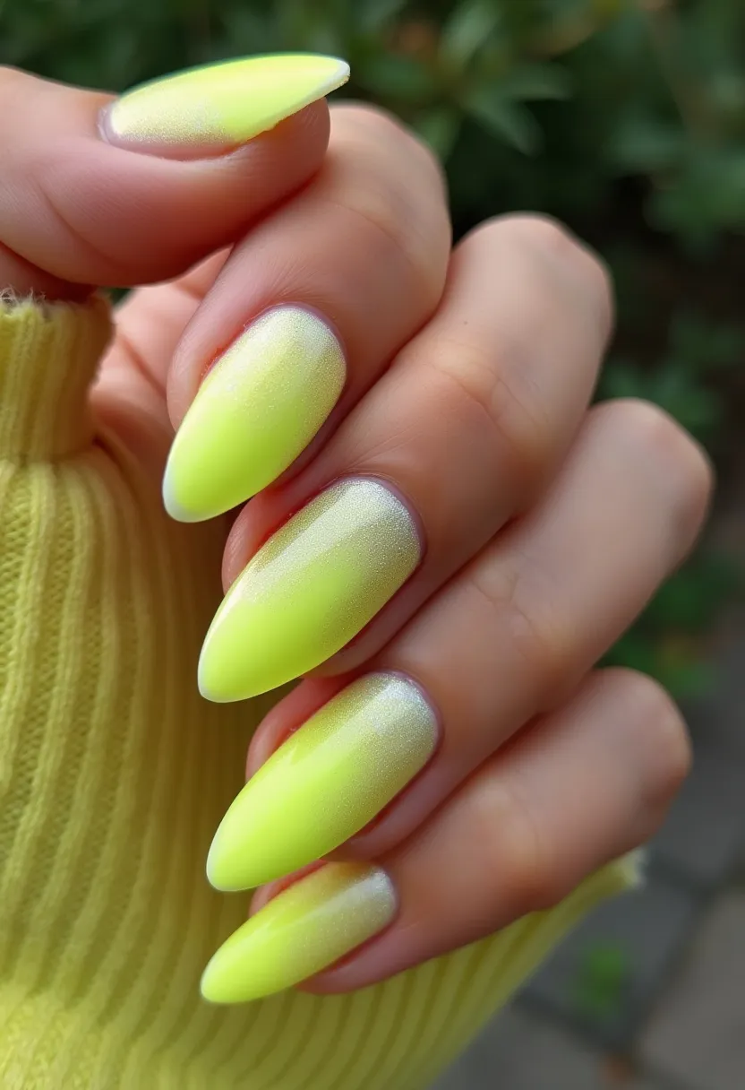 The nail design features a vibrant and eye-catching lime green to white ombre color palette that transitions smoothly from the base to the tip. The nails are shaped in an elegant almond form, providing a sleek and elongated appearance. A shimmery finish is applied across each nail, adding an element of sophistication and catching light beautifully. This design is likely achieved using a gel treatment, known for its glossy finish and durability. The combination of the bright color and shimmer makes the design particularly suitable for spring or summer seasons, evoking a fresh and energetic vibe perfect for festive occasions or simply to celebrate warmer weather.