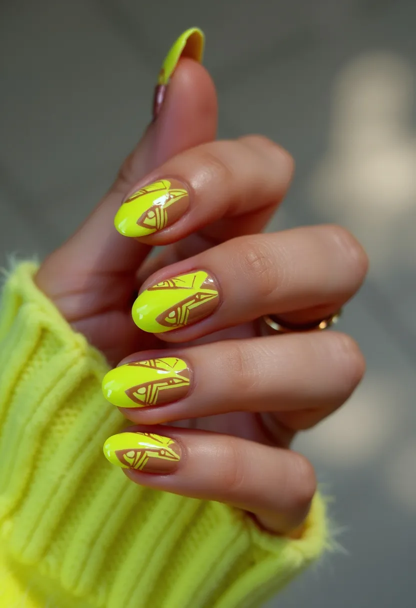 This nail design features almond-shaped nails adorned with a vibrant yellow color palette and intricate geometric patterns. The nails predominantly showcase a bright neon yellow color that covers the tips of the nails in a diagonal style, creating a striking contrast against the natural nail base. The geometric patterns in yellow overlay the natural areas of the nails, incorporating triangles, lines, and dots, adding a modern and artistic flair to the design. This look is achieved using a gel treatment, providing a glossy and durable finish. The lively color and dynamic patterns are well-suited for a bold, summery feel, making it perfect for the warmer seasons or festive occasions.