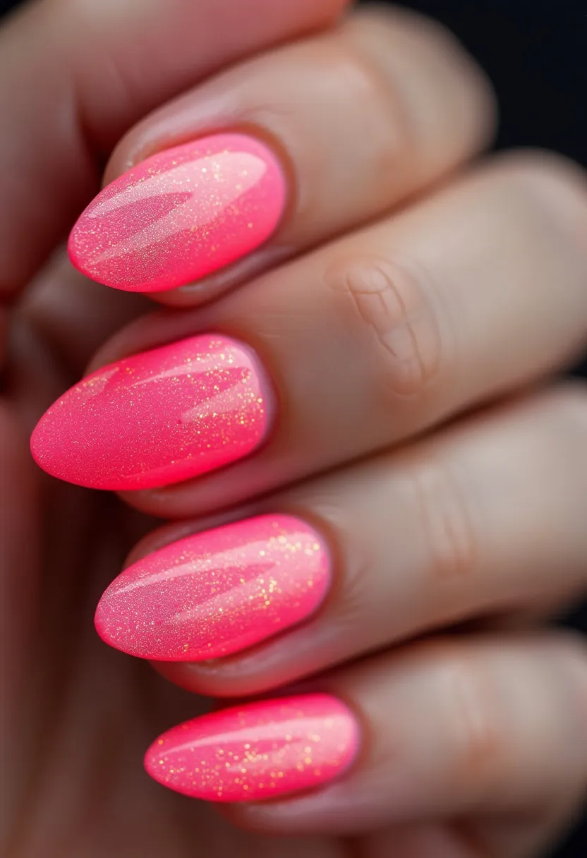 The nail design features a vibrant pink color palette, accentuated with subtle glitter for a shimmering effect. The nails are shaped into a medium length almond shape, giving them a sleek and elegant appearance. The design includes intricate patterns with varying glitter intensities, adding depth and interest to the overall look. The treatment appears to be gel nails, providing a high-gloss and durable finish. This bold and lively design may be particularly suitable for festive or celebratory occasions, capturing a fun and energetic vibe.