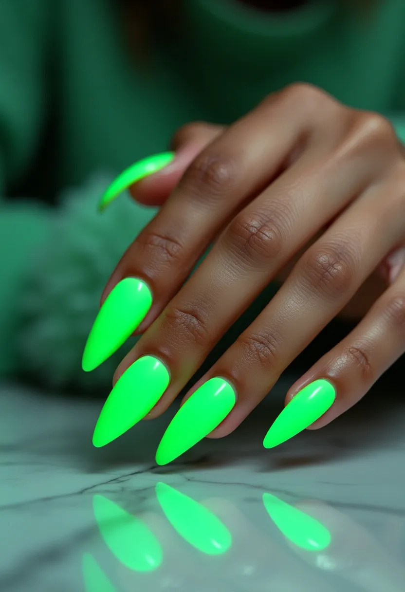 The nails are long and pointed, shaped into an elegant stiletto style, and feature a vibrant neon green color palette. The polish appears to be a glossy gel treatment, giving the nails a smooth and shiny finish. There are no additional patterns or decorations, creating a bold and striking look solely through the use of the intense neon color. The choice of neon green could suggest a design suitable for seasonal summer themes or perhaps as a standout detail for a festive or special occasion. The simplicity and brightness of the nails make them a unique and eye-catching accessory.