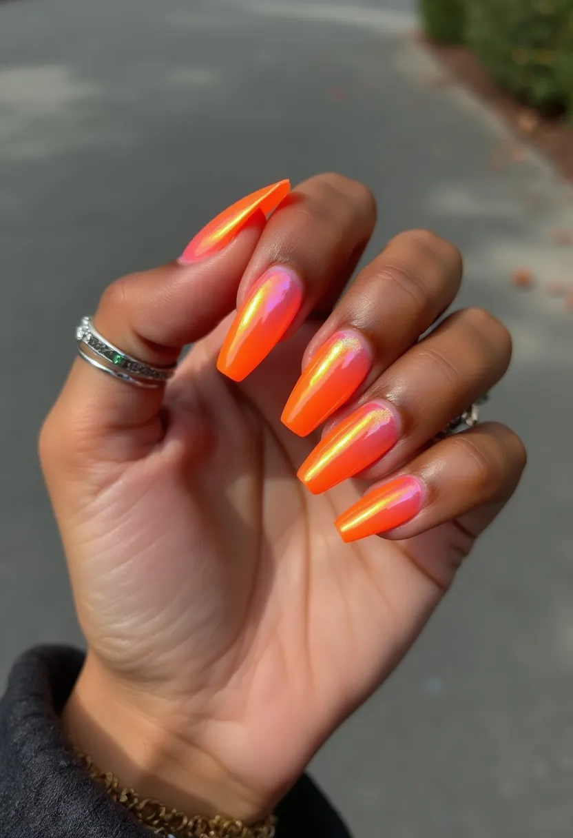 The nail design features a vibrant color palette dominated by neon orange with subtle pink undertones, giving a striking and lively appearance. The nails are shaped into long, tapered coffins which accentuate their bold color. The design is enhanced with a glossy, iridescent finish that suggests the use of gel nail treatment, providing a smooth and shiny surface. The iridescent effect shifts beautifully in the light, making the nails stand out even more. This energetic color scheme and design are perfect for a summer or festive theme, bringing a sense of fun and brightness suitable for special occasions or seasonal celebrations.