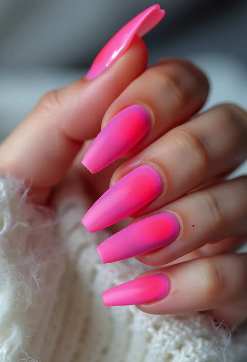 The nail design showcases a vibrant, ombre effect transitioning from hot pink at the tips to a softer pink closer to the cuticles. The nails have a coffin shape, characterized by their squared-off tips and tapered sides, which accentuate the elegant and stylish appearance. This particular style appears to be a gel treatment, noted for its glossy and smooth finish. The solid color palette emphasizes a bold and trendy aesthetic, making it perfect for summer occasions or festive celebrations. There are no additional intricate patterns or decorations, allowing the bright gradient to stand out as the focal point of this design.